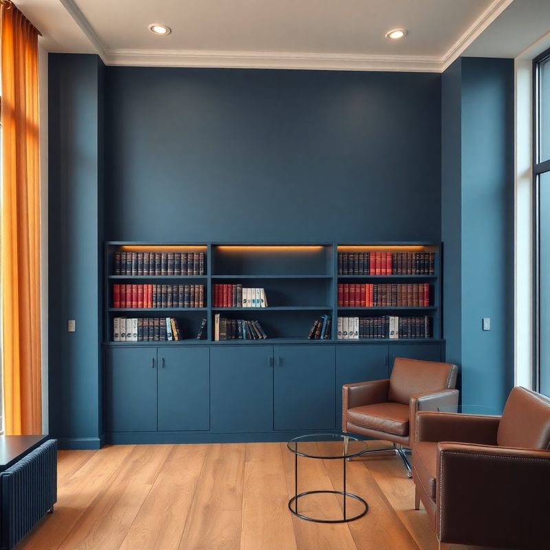 Interior birou de consultanță cu perete accent slate-albastru și bibliotecă cu volume de finanțe și drept
